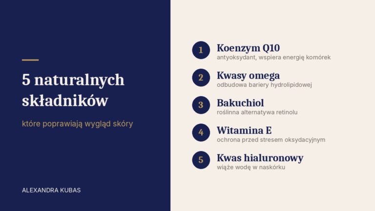 5 naturalnych składników poprawiających wygląd skóry: koenzym Q10, kwasy omega, bakuchiol, witamina E, kwas hialuronowy