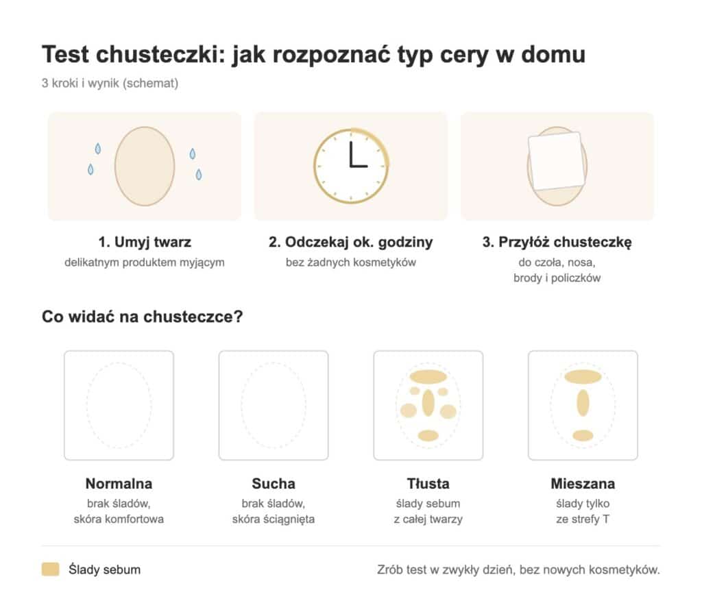 Schemat testu chusteczki: umycie twarzy, godzina bez kosmetyków, przyłożenie chusteczki i wyniki dla cery normalnej, suchej, tłustej i mieszanej